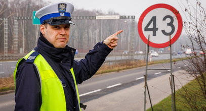 Policjanci, rajdowiec, piękne dziewczyny i dziwny znak na drodze