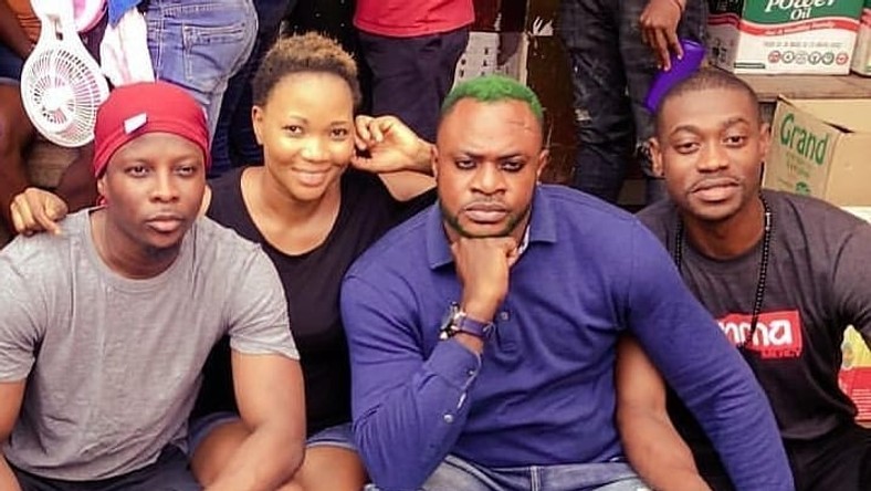 Rotimi Salami, Jumoke Odetola, Odunlade Adekola and Lateef Adedimeji on the set of 'Depression.'