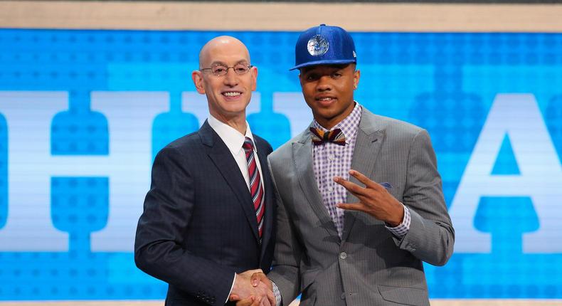 Markelle Fultz being introduced by NBA commissioner Adam Silver as the No. 1 overall pick to the Philadelphia 76ers in the 2017 NBA Draft at Barclays Center in Brooklyn, New York.