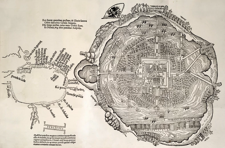 Plan miasta Tenochtitlan narysowany przez hiszpańskich konkwistadorów