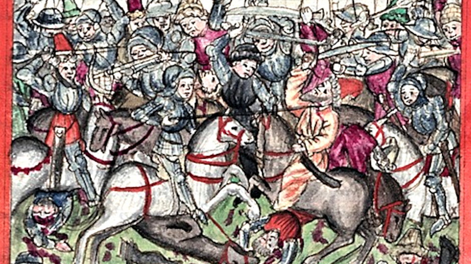 Bitwa nad rzeką Lech w ilustracji Hektora Mülicha (1415-1490), z kroniki Norymbergi z 1457 r. autorstwa Sigmunda Meisterlina