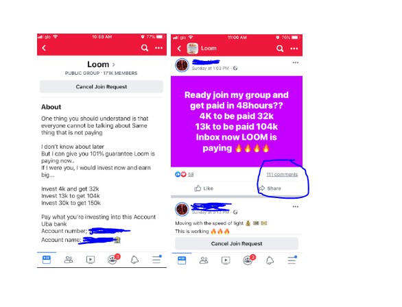 A screenshot of one of the LOOM Money Nigeria Facebook groups (Pulse) 