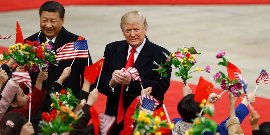 Chinese President Xi Jinping and U.S. President Donald Trump attend a welcoming ceremony November 9, 2017 in Beijing, China.