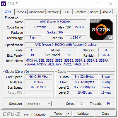 Asus ROG Strix SCAR 17 (G733QSA) – CPU-Z – specyfikacja AMD Ryzen 9 5900HX