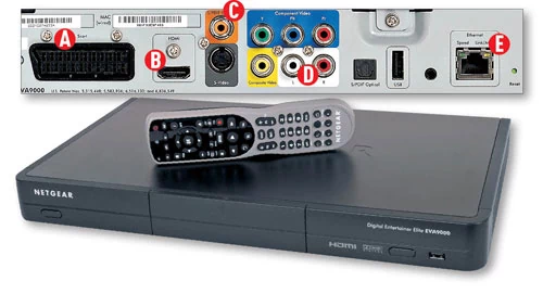 Sieciowy odtwarzacz, na przykład Netgear EVA9150 (cena około 1750 złotych) łączy się z telewizorem przez gniazdo SCART (A) lub HDMI (B). Cyfrowy (C) lub analogowy dźwięk gniazdem typu cinch (D) trafia do amplitunera, a łączność z siecią utrzymywana jest za pomocą kabla (E) lub bezprzewodowo przez Wi-Fi