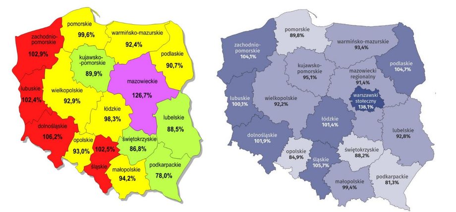 Wskaźnik przeciętnego miesięcznego dochodu rozporządzalnego na jedną osobę w 2015 r. i 2022 r. 100 proc. to średnia ogólnokrajowa.