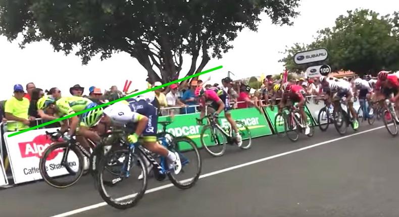 Caleb Ewan in his radical sprinting position that even he says can be pretty scary.