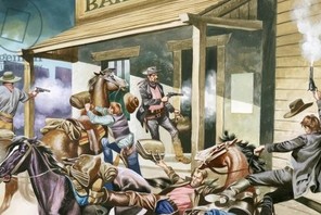 Bank robbery taking place in the Wild West.