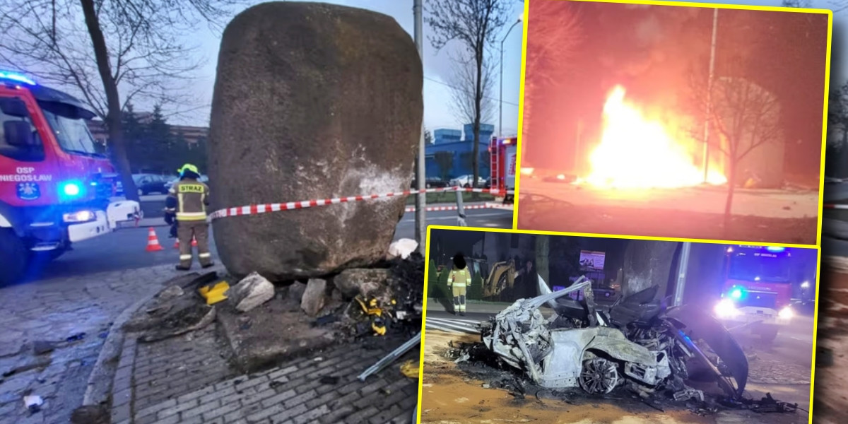 Wypadek BMW w Drezdenku. Po uderzeniu w pomnik, auto stanęło w płomieniach.
