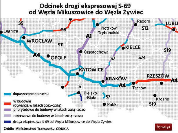 Odcinek drogi ekspresowej S-69 od Węzła Mikuszowice do Węzła Żywiec (stan z kwietnia 2013 r.)