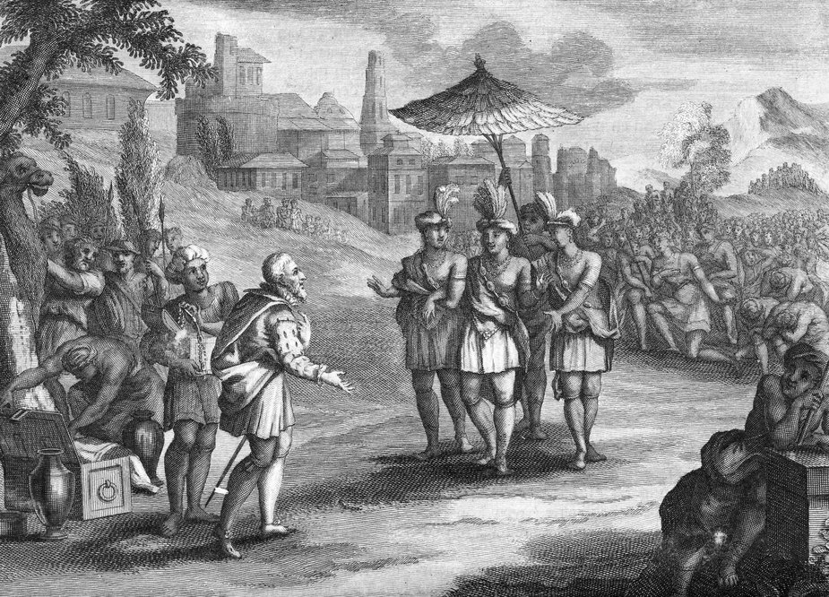 Rycina przedstawiająca hiszpańskiego konkwistadora, Hernana Cortesa, spotykającego się z cesarzem Azteków Montezumą II w Tenochtitlan w 1519 r.