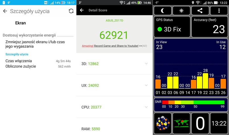 Czas pracy na baterii, AnTuTu Benchmark, GPS test