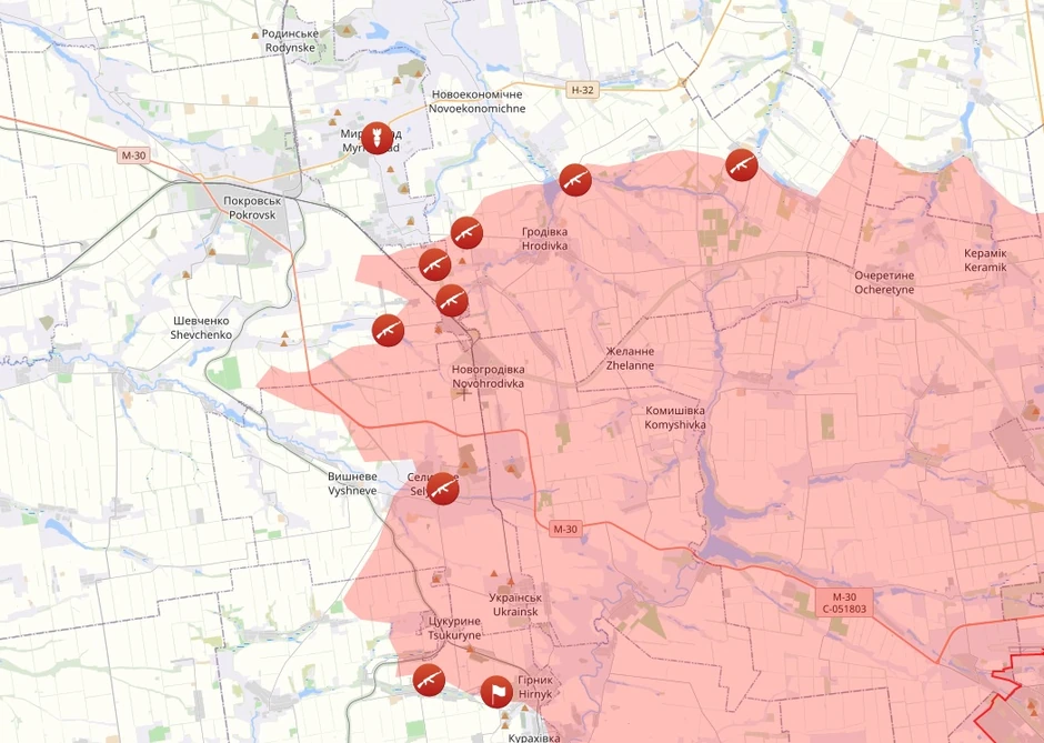Pokrovsk, Selidove i Višnjeve na mapi