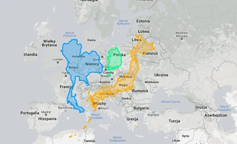 Tajlandia (niebieski), Korea Południowa (zielony) i Japonia (pomarańczowy) na tle Europy