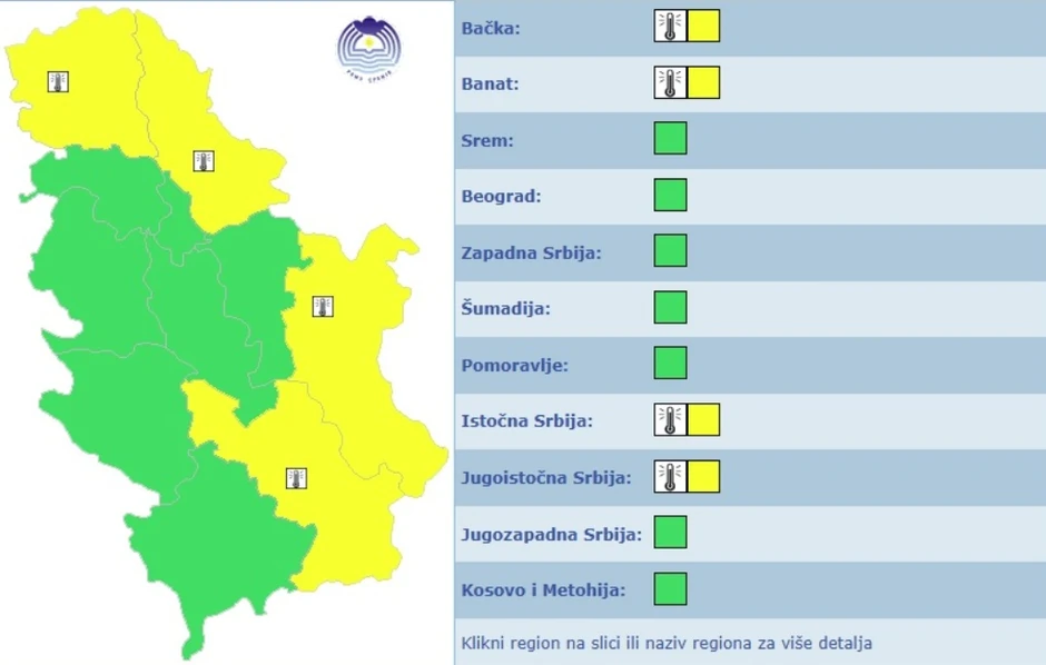 Sutra je žuti meteoalarm upaljen za deo Vojvodine i istok i jug zemlje