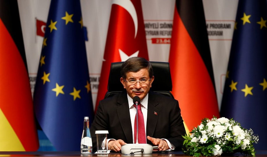 Turkish Prime Minister Davutoglu attends a news conference after visiting Nizip refugee camp
