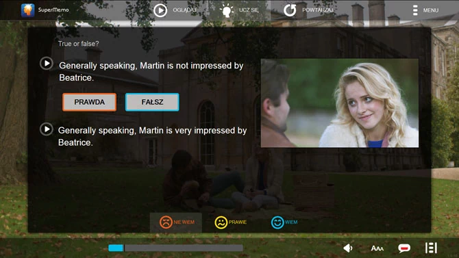 Oto przykład ćwiczenia sprawdzającego rozumienie treści obejrzanego odcinka - wybieramy Prawda lub Fałsz.