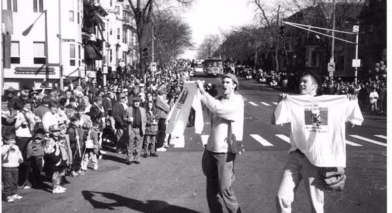 The two Jacobs brothers first sold their T-shirts on the street. Here they are at the South Boston parade in 1993. Life is Good