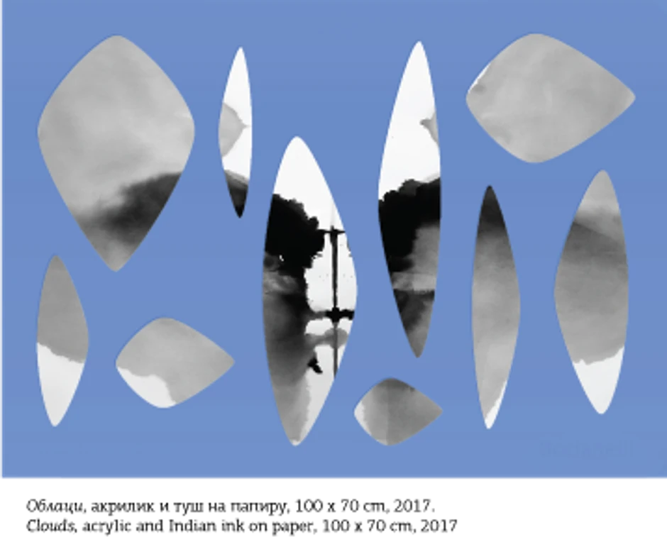 Nataša Škorić, „oblaci, akrilik i tuš na platnu“, 100x70, 2017.