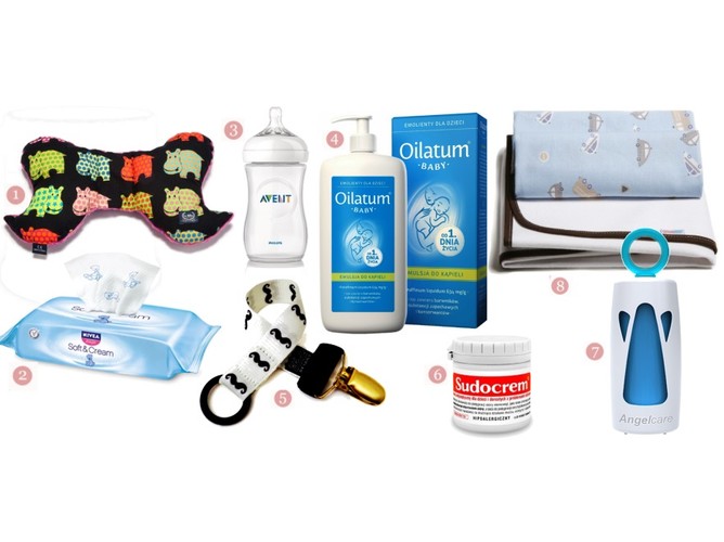 1.Poduszka La Millou Angel's Wings, 63,89 zł; 2. Chusteczki Nivea Baby Soft & Cream 63 szt., 11 zł; 3.Butelka Philips Avent Natural 260 ml, 23 zł; 4.Emulsja do kąpieli Oilatum Baby 500 ml, 53 zł; 5. Zamieszka do smoczka Elodie Details, 36 zł; 6. Krem Sudocrem 250g, 32zł; 7. Worki na pieluchy z dozownikiem Angelcare OnTheGo, 25 zł; 8. Podręczny przewijak Motherhood, 34 zł.