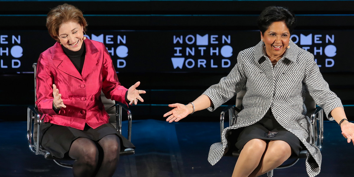 Anne-Marie Slaughter (left) and Indra Nooyi at Tina Brown's Women in the World Summit.