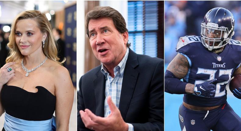 A composite photo of actress Reese Witherspoon; Sen. Hagerty, a Republican from Tennessee,; and Tennessee Titan Derrick Henry