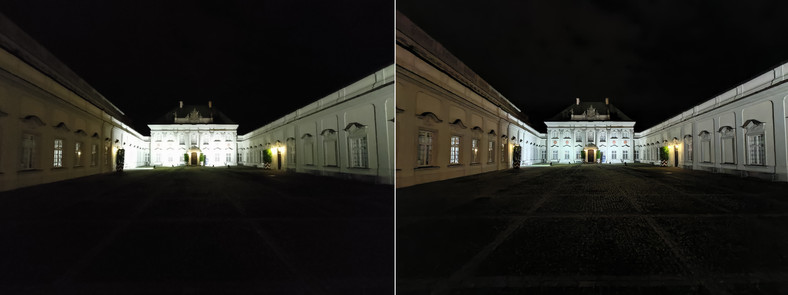 Przykładowe zdjęcia nocne zrobione modułem szerokokątnym w trybie automatycznym (obraz po lewej) oraz po ręcznej aktywacji dedykowanego trybu Noc (kliknij, aby powiększyć) 