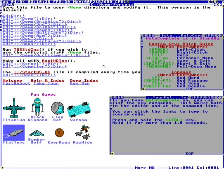 TempleOS - menu z grami