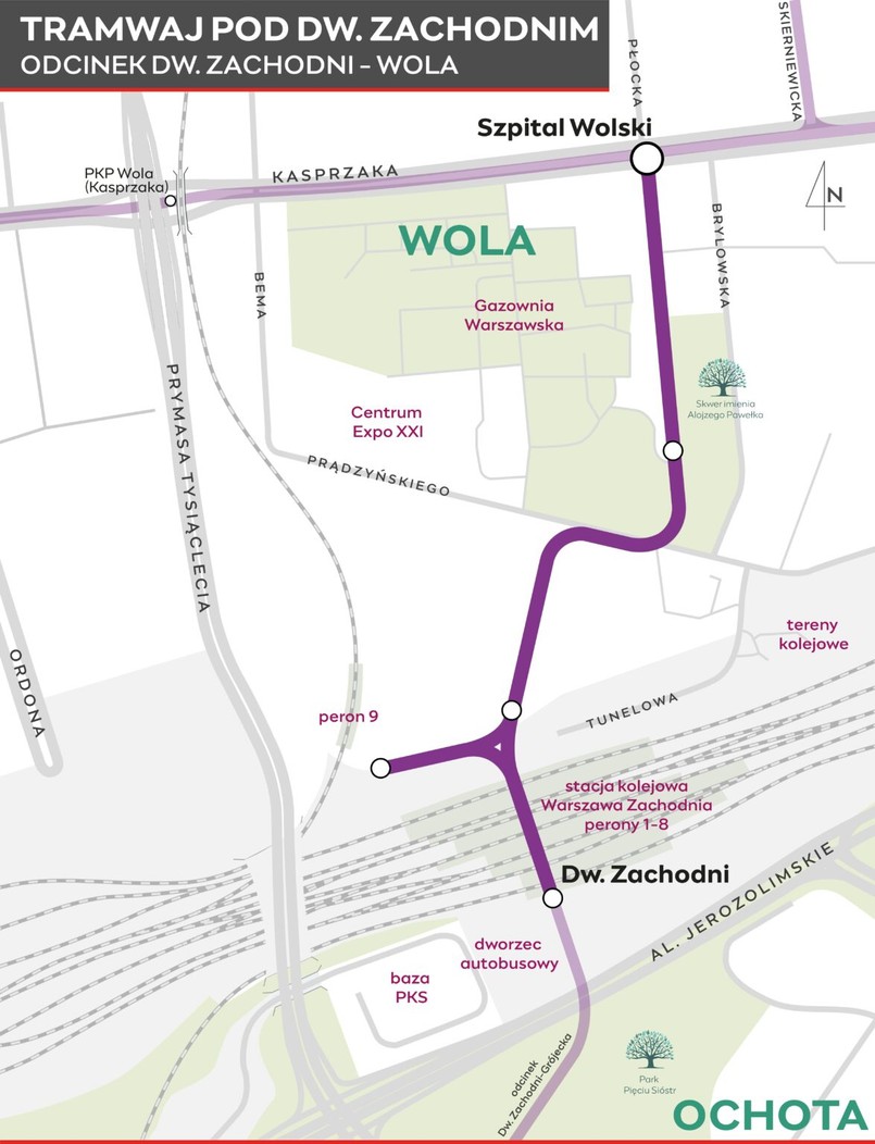 Tramwaj z Woli do Dw. Zachodniego - mapa trasy