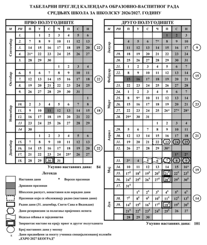 Kalendar za školsku 2026/2027. godinu za srednjoškolce