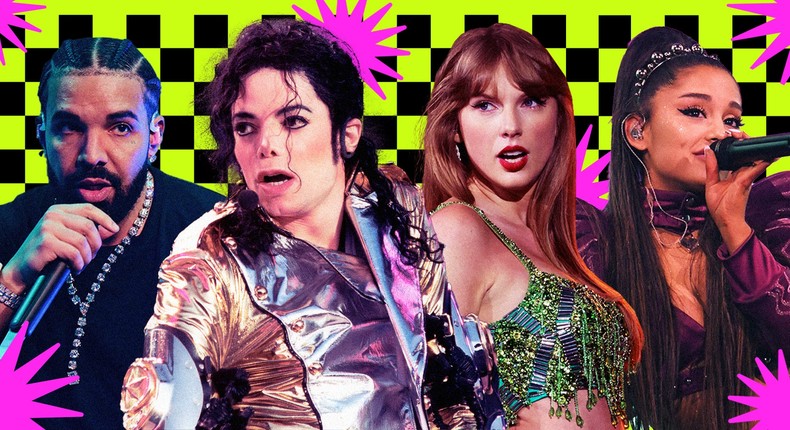 Drake, Michael Jackson, Taylor Swift, and Ariana Grande.Prince Williams/Wireimage, Michel Linssen/Redferns, Kevin Mazur/Getty, Kevin Mazur TAS23/Getty, Tyler Le/BI