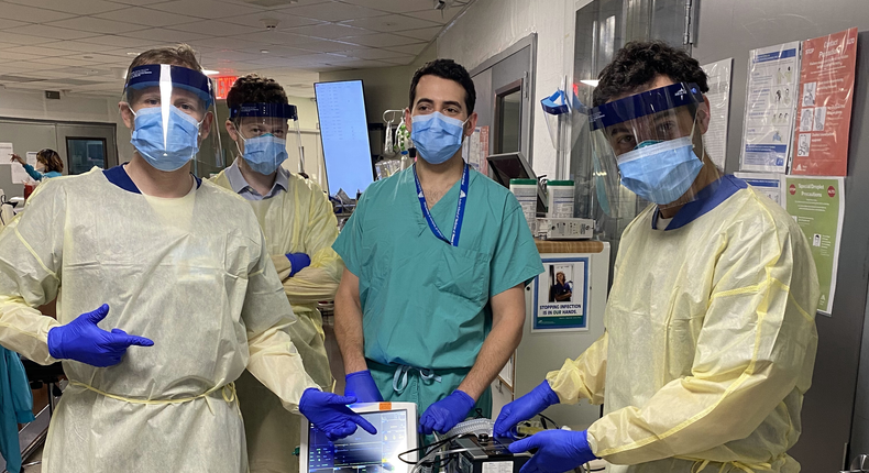 Some of the healthcare workers who helped create the ventilator prototype. Pictured from left to right, Drew Copeland, RPSGT; Thomas Tolbert, MD; Brian Mayrsohn, MD; and Hooman Poor, MD.