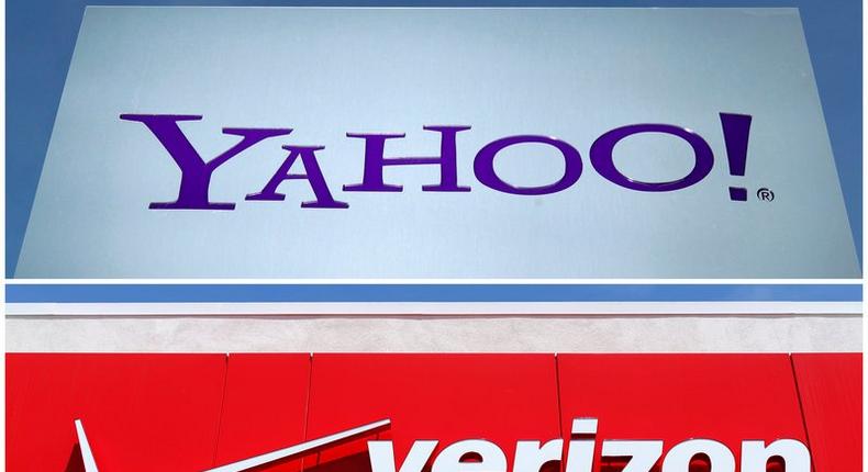 FILE PHOTO: A combination photo shows Yahoo logo in Rolle, Switzerland (top) in 2012 and a Verizon sign at a retail store in San Diego, California, U.S. In 2016. REUTERS/File Photos/