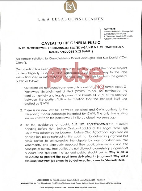 Pages 1 of the reply signed by Olwaseye I. Lawal (Esq.) on behalf of Kizz Daniel. (Pulse Nigeria)