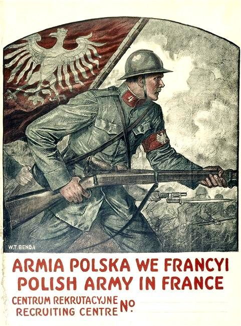 Plakat rekrutacyjny Armii Polskiej we Francji autorstwa Władysława Teodora Bendy (domena publiczna).