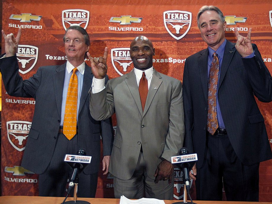 Charlie Strong introduced as Texas coach in 2014 with school president Bill Powers, left and athletic director Steve Patterson, right.