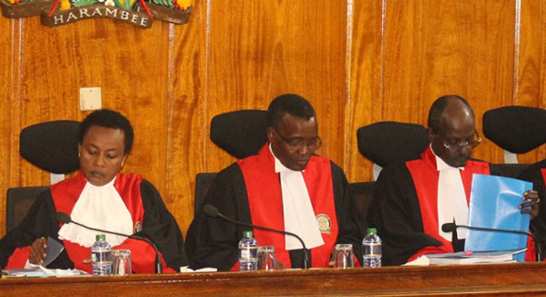 Supreme Court President CJ David Maraga with DCJ Philomena Mwilu and Justice Mohamed Ibrahim during a past hearing