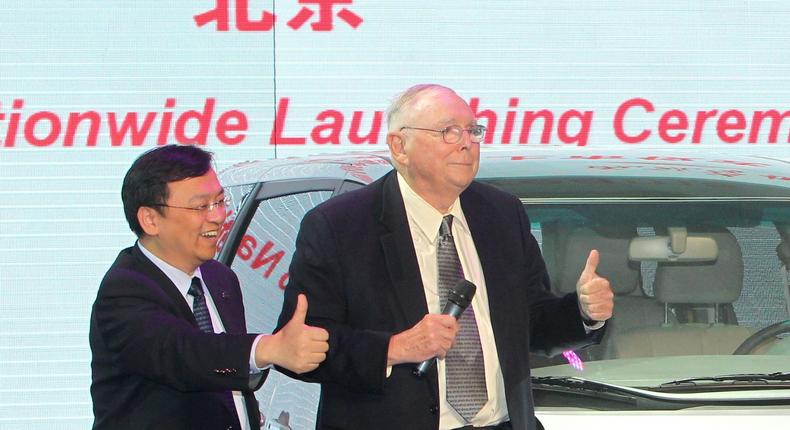 Charlie Munger gives a thumbs-up with BYD founder Wang Chuanfu in 2010.Visual China Group via Getty Images