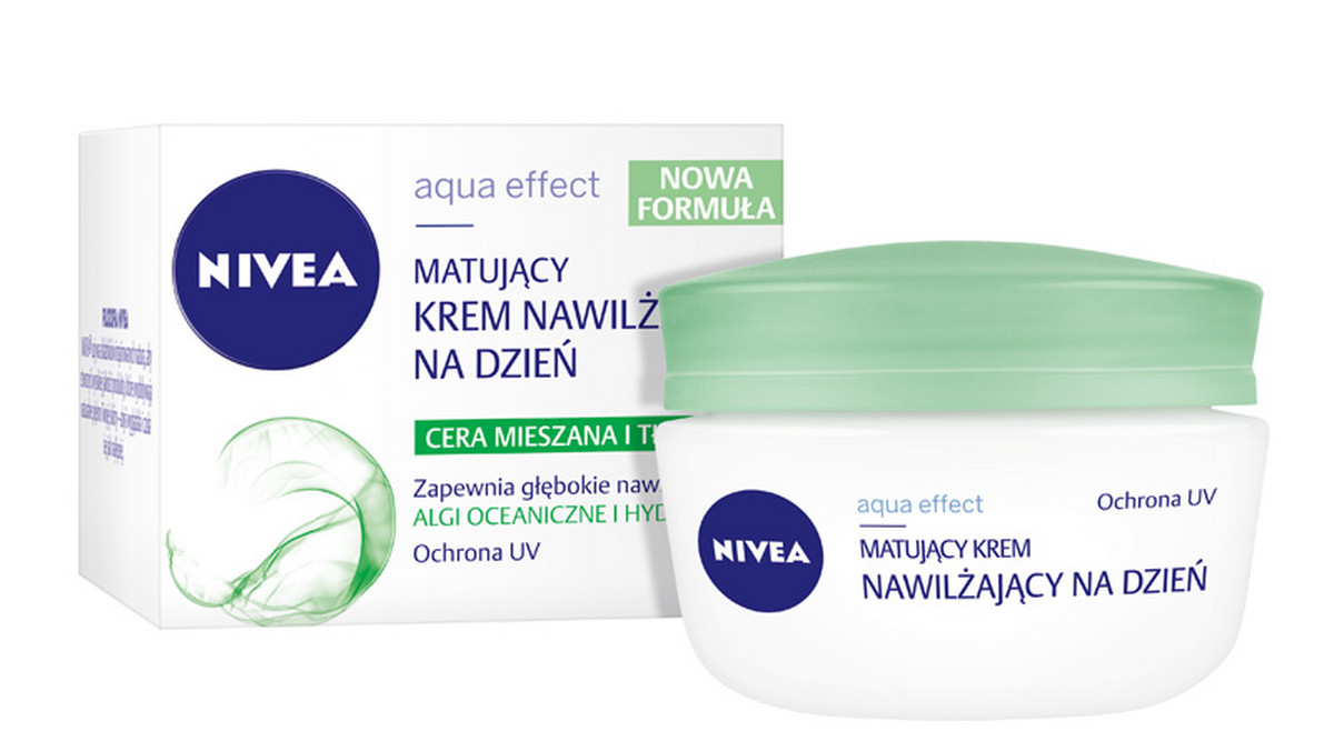 NIVEA przedstawia innowacyjny matujący krem nawilżający na dzień NIVEA Aqua Effect do cery mieszanej i tłustej. Formuła kosmetyku wzbogacona została w wyciąg z alg oceanicznych oraz kompleks Hydra IQ. Stosując produkt NIVEA masz gwarancję intensywnego nawilżenia bez zatykania porów.