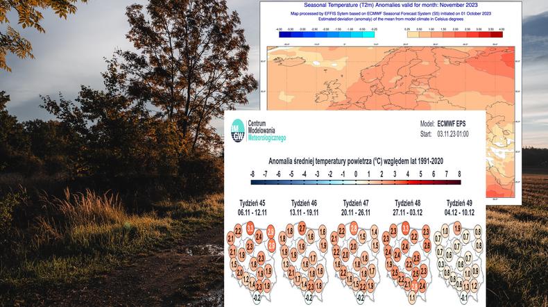 Prognozy długoterminowa nie zapowiadają rychłego nadejścia zimy (screeny: EFFIS, IMGW)