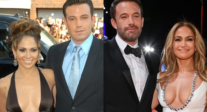 On the left: Jennifer Lopez and Ben Affleck in July 2003. On the right: Lopez and Affleck in September 2021.Jeff Kravitz/FilmMagic; Pascal Le Segretain/Getty Images