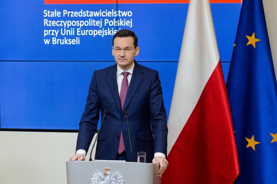 Premier Mateusz Morawiecki na konferencji prasowej w Brukseli