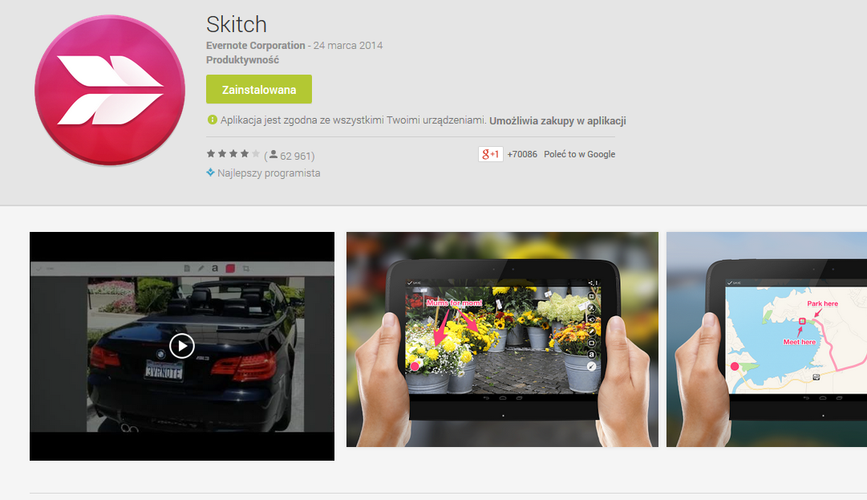 <b>Skitch</b>
<br><br>
Niezwykle przydatna aplikacja, która umożliwia szybkie i wygodne opisywanie zdjęć, diagramów, wykresów, a nawet dokumentów PDF. Wszystko za pomocą kilku dotknięć. Skitch znakomicie współpracuje z inną niezwykle  popularną aplikacją Evernote.