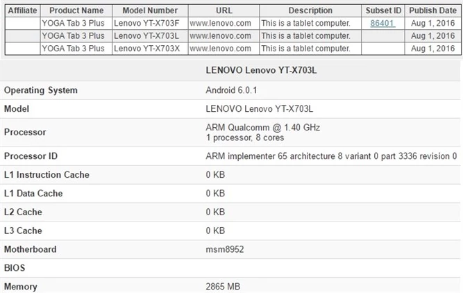 Lenovo Yoga Tab 3 Plus - informacje na stronie Bluetooth SIG i teście Geekbench