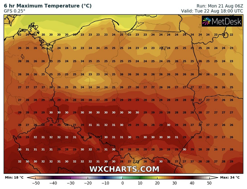Nad Polską zarysuje się podział termiczny na chłodniejszą północ i bardzo gorące południe