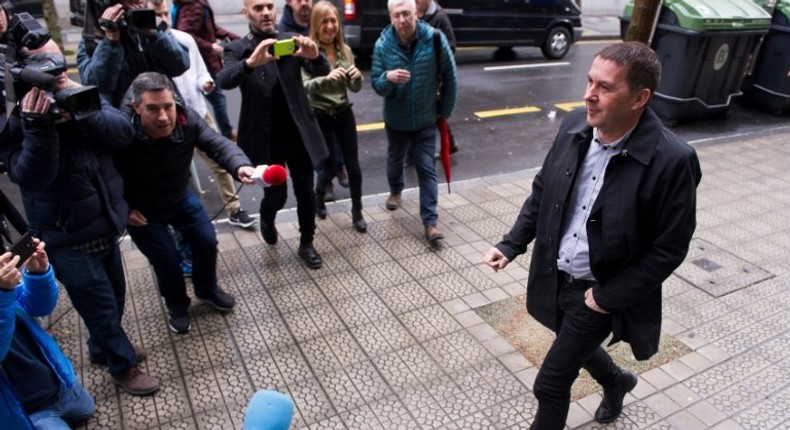 Basque separatist leader Arnaldo Otegi arrives for a conference on the total disarmament of the armed Basque separatist group ETA, in the Spanish city of Bilbao