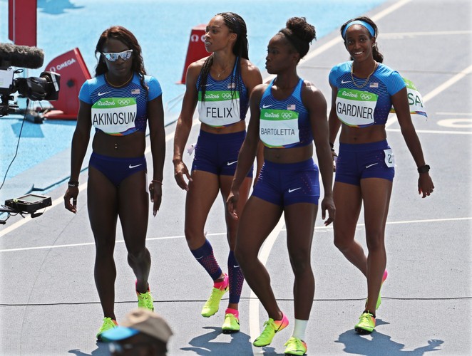 Morolake Akinosun, Allyson Felix, Tianna Bartoletta i English Gardner