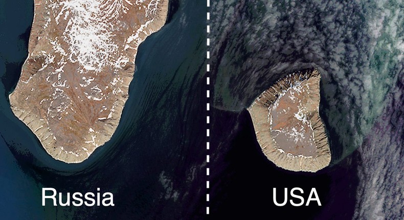 Big Diomede Island, Russia (left) and Little Diomede Island, Alaska (right).