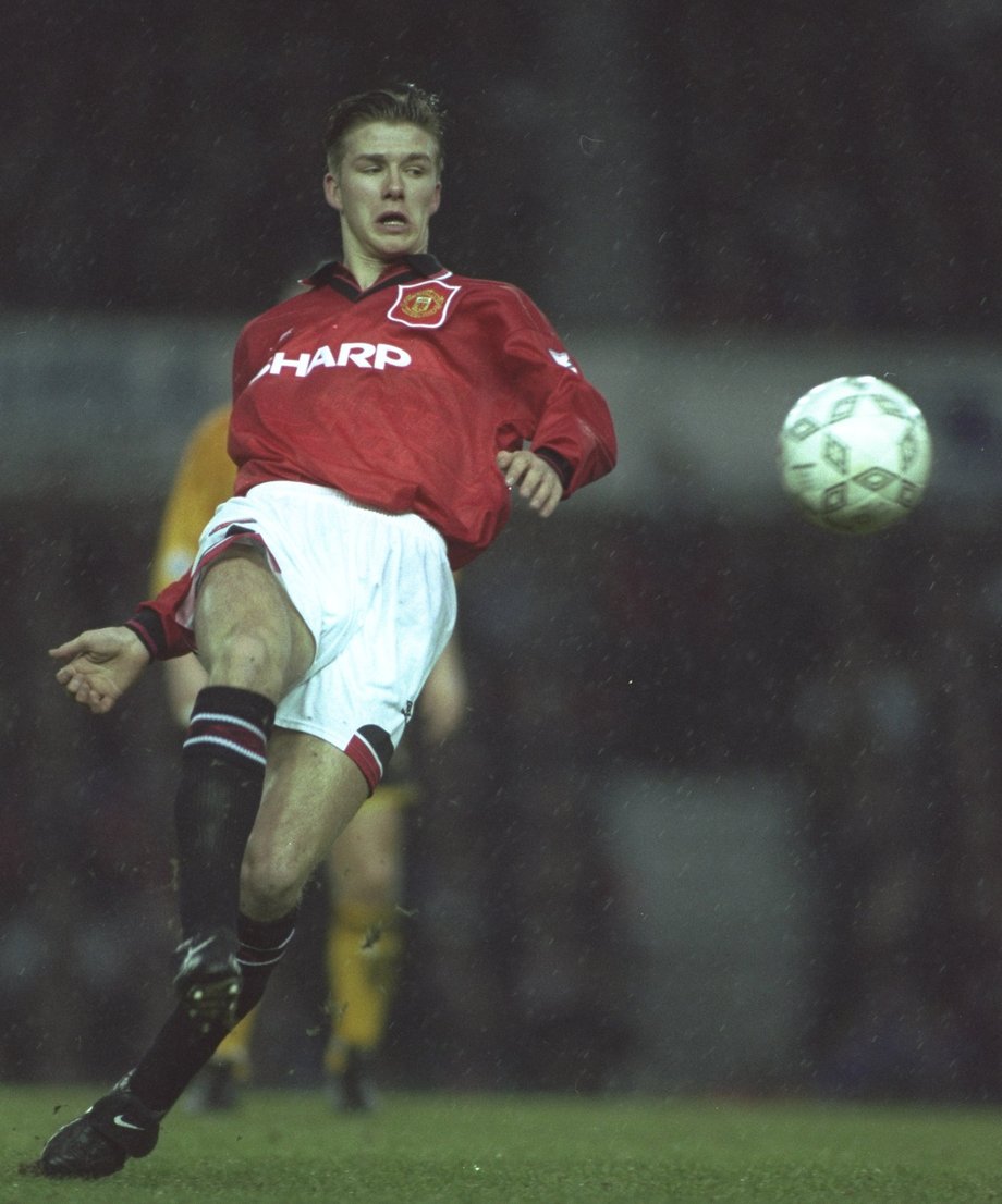 Beckham większość kariery spędził w  Manchester United. Styczeń 1995 r.