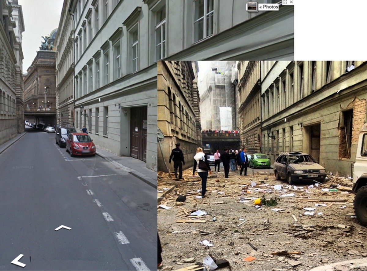 Ulica przed wybuchem i po wybuchu; źródło obrazka: Google Street View, Twitter (twitter.com/lukasdobrovolny)